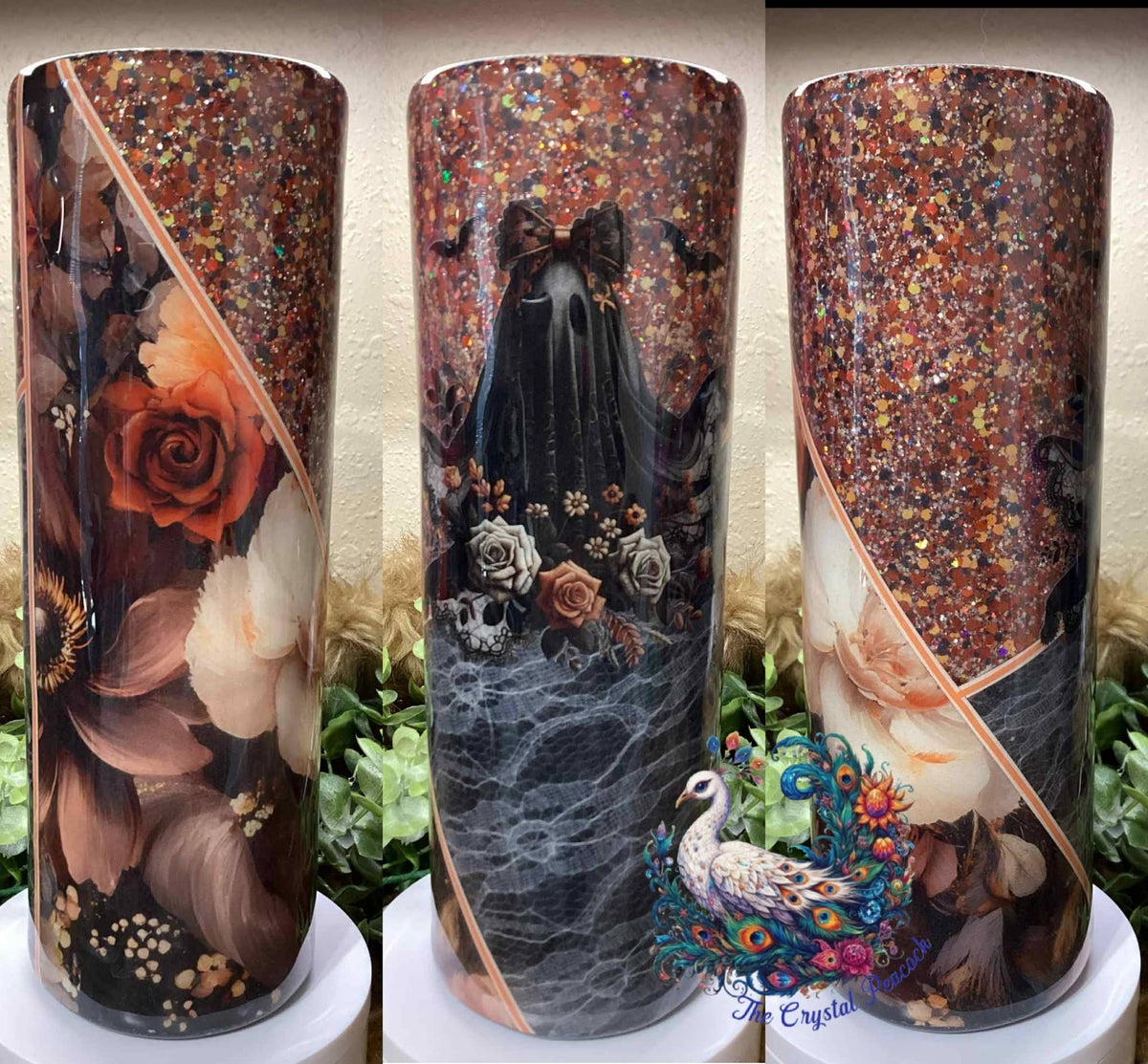Fall Ghost 30oz Tumbler - fall floral vinyl, chunky glitter, real lace accent, and ghost with florals