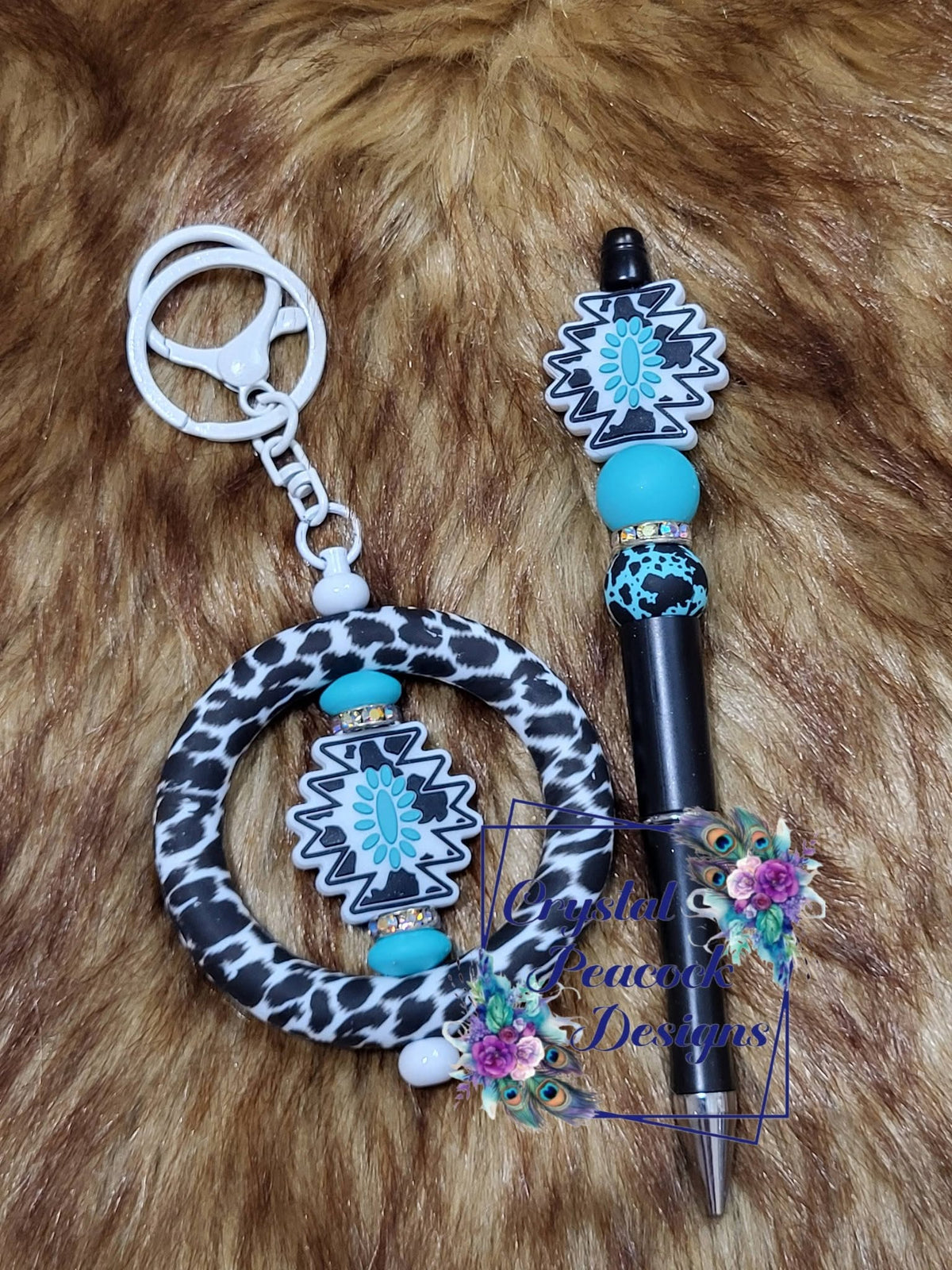 Western Aztec turquoise beaded pen and leopard print wristlet keychain set by Crystal Peacock Designs