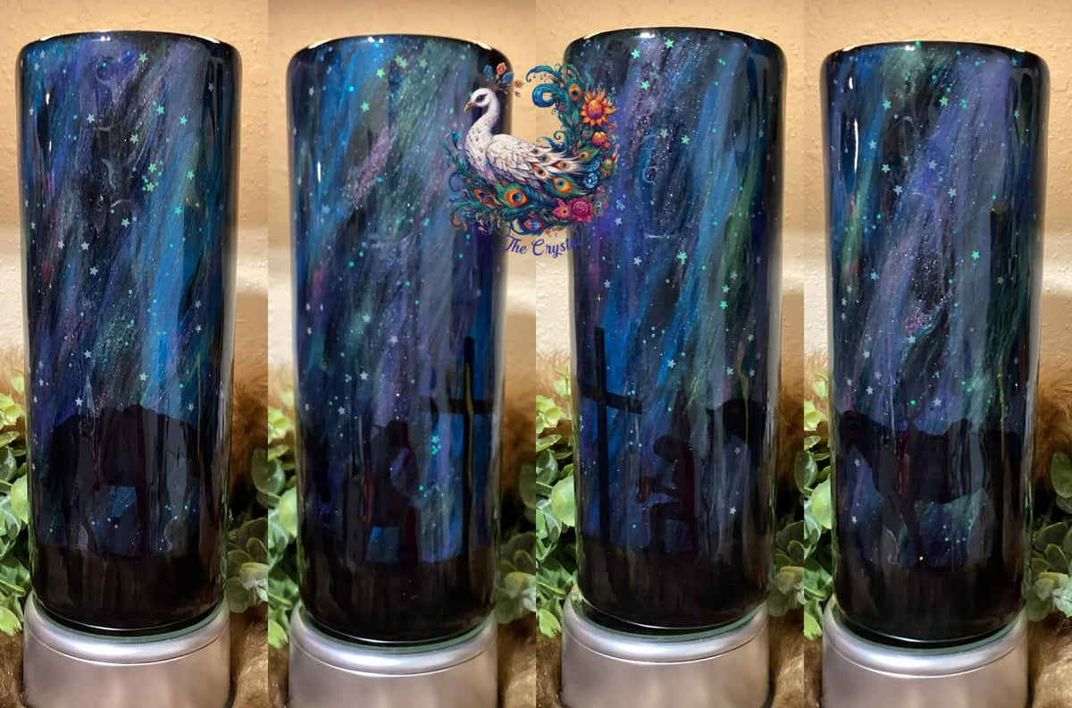 Western Northern Lights 25oz Glow Tumbler - northern lights with cowboy and cowgirl at a cross and glow stars