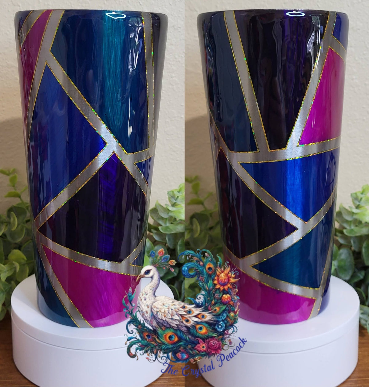 Stained Glass Vibes 22oz Tumbler - deep blue, teal and magenta glazes with pinstripe stained glass effect