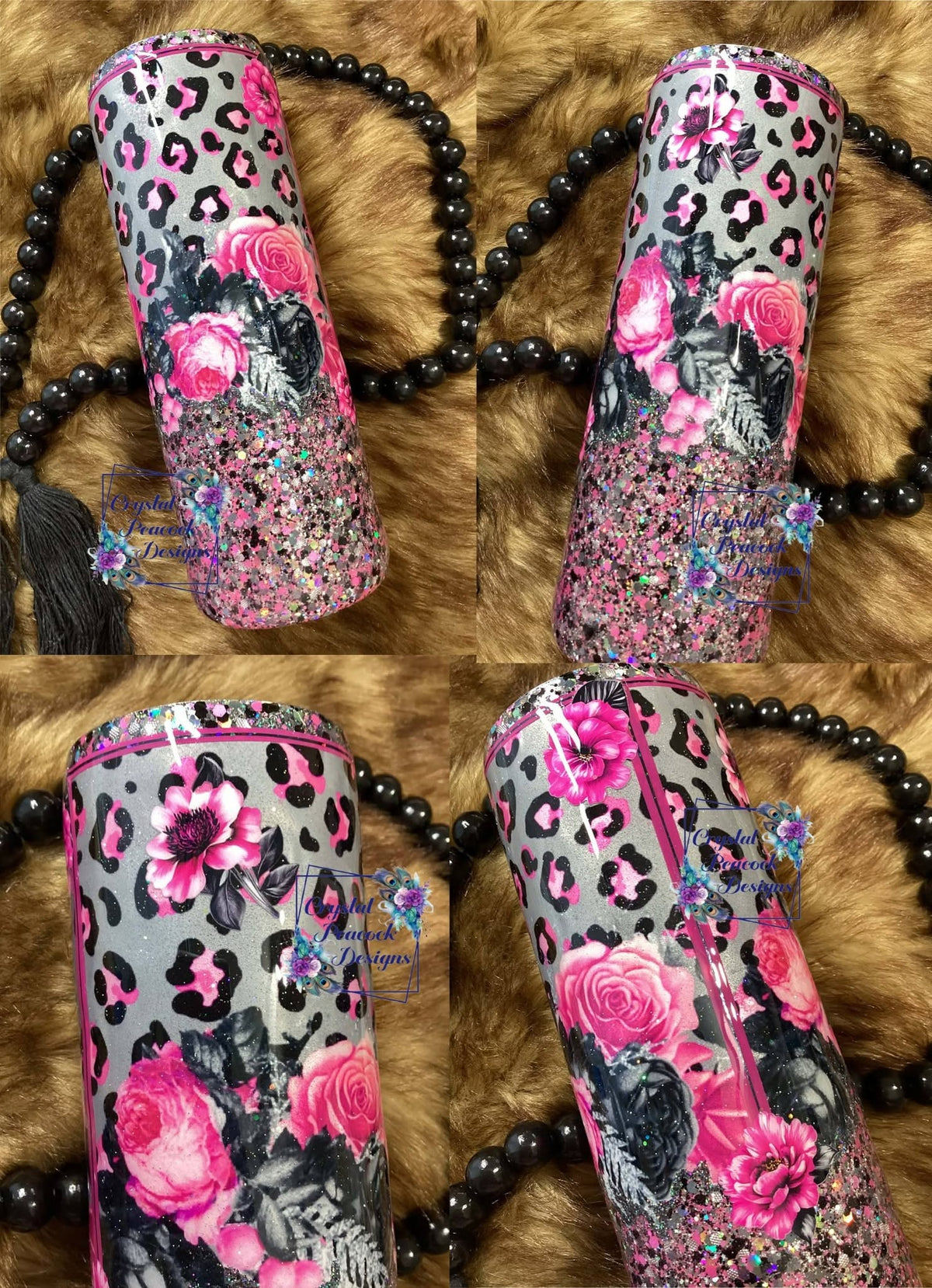 Cheetah Floral 20oz Tumbler - chunky glitter base in black, pink, silver and steel with cheetah floral vinyl and pink floral embellishments