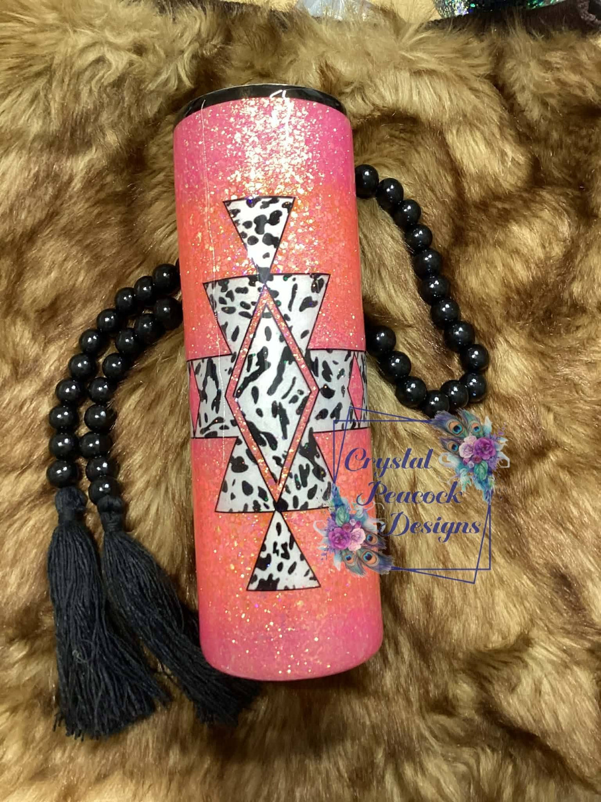 Bright Aztec 30oz Tumbler - black and white western print peek-a-boo under pink and orange ombre glitter Aztec full wrap design