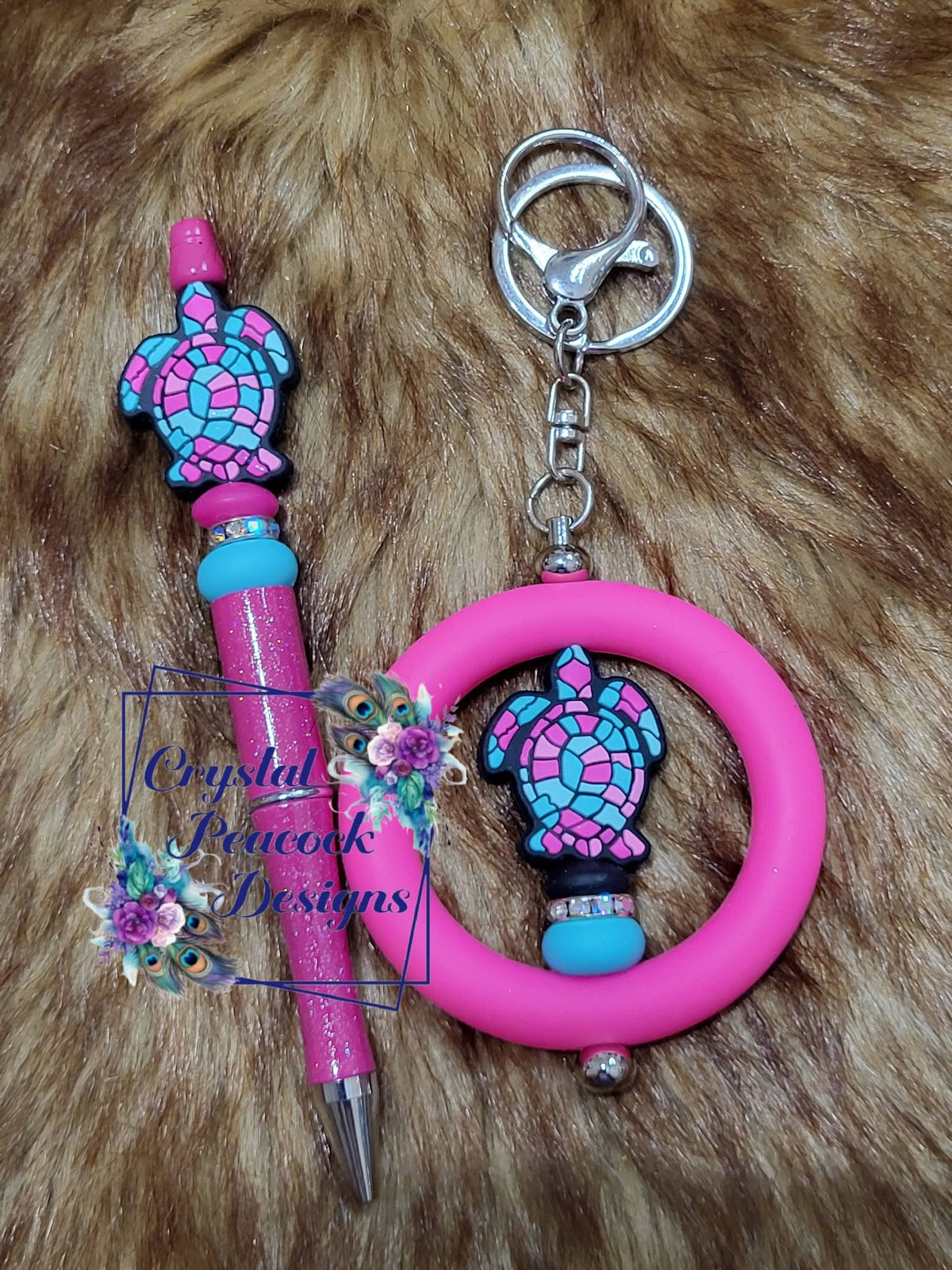 Bright pink and turquoise turtle beaded pen and wristlet keychain set by Crystal Peacock Designs
