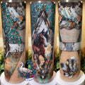 Western Horse 32oz Tumbler - rich western vinyls with horse, florals and feathers, chunky and fine glitter mix with trimmed detailing