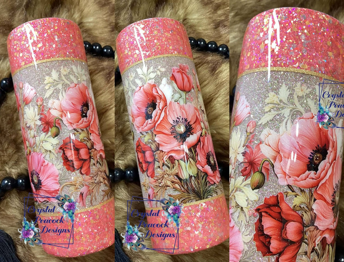 Pinky Florals 20oz Tumbler - champagne gold glitter center with pink coral chunky glitter top and bottom and full wrap floral design