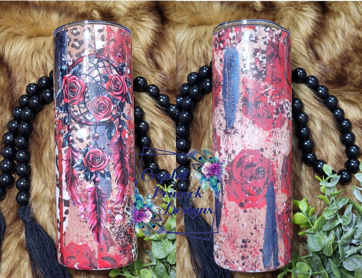 Floral Dreamcatcher 20oz Tumbler - full foil rustic floral cheetah print with layered foils and floral dreamcatcher with roses and feathers