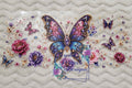 Jeweled Butterfly Gold Filigree and Peony Wrap Decal - large iridescent butterfly with amethyst gemstones gold filigree surrounded by pink purple peonies scattered butterflies and glittering jewels