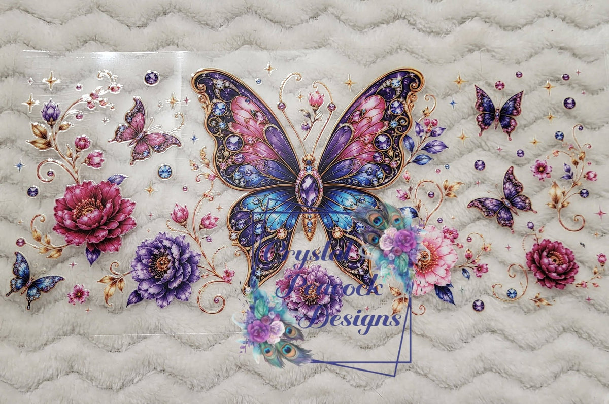 Jeweled Butterfly Gold Filigree and Peony Wrap Decal - large iridescent butterfly with amethyst gemstones gold filigree surrounded by pink purple peonies scattered butterflies and glittering jewels