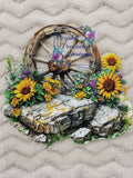 Wagon Wheel Sunflower Decal - rustic wagon wheel with sunflowers and wildflowers