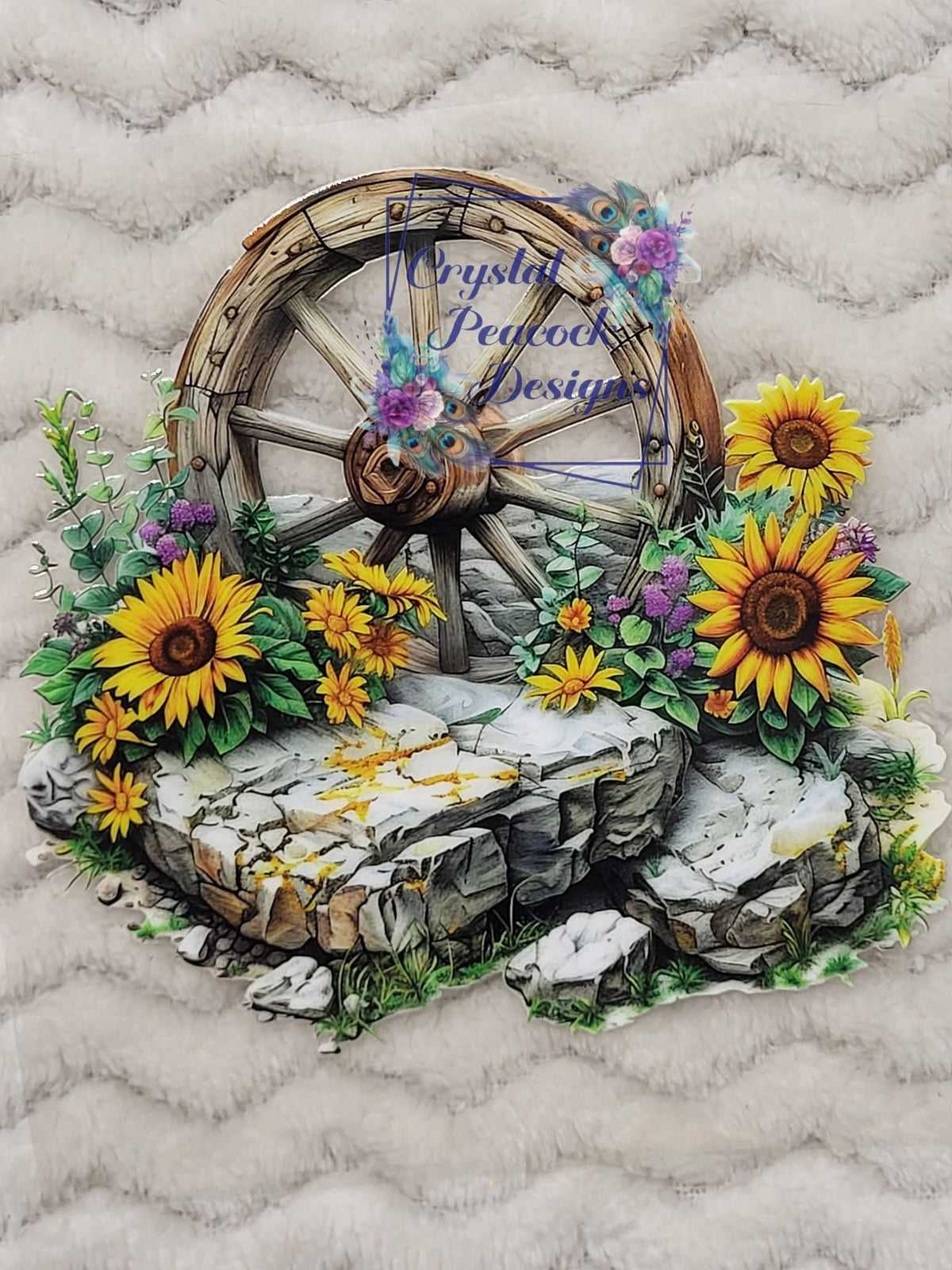 Wagon Wheel Sunflower Decal - rustic wagon wheel with sunflowers and wildflowers
