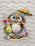 Tropical Vacation Owl with Glasses and Cocktail Decal - fluffy owl with big blue eyes and round glasses holding green tropical cocktail under yellow beach umbrella