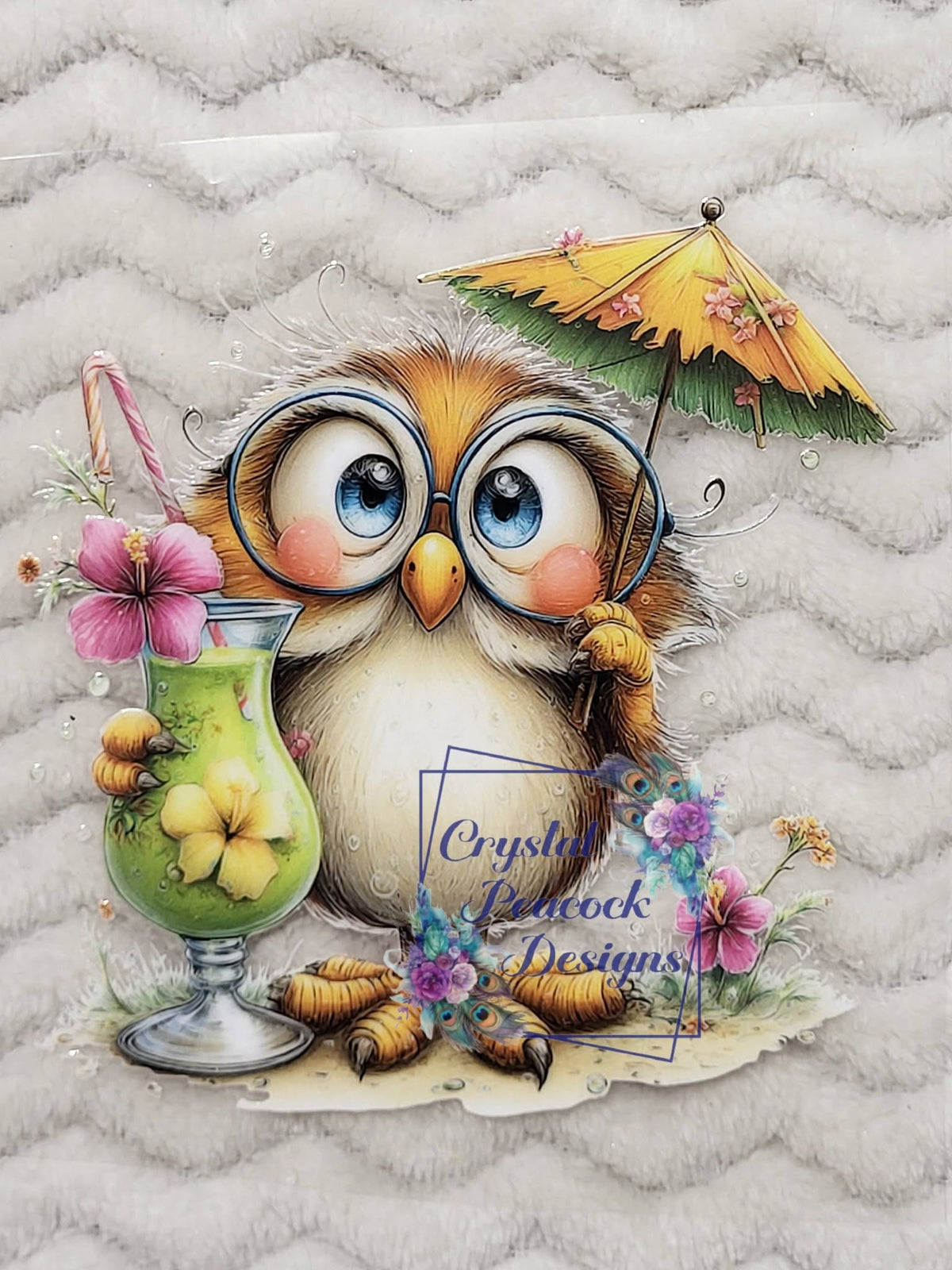 Tropical Vacation Owl with Glasses and Cocktail Decal - fluffy owl with big blue eyes and round glasses holding green tropical cocktail under yellow beach umbrella