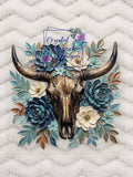 Rustic Floral Bull Skull Decal - bronze gold bull skull with teal navy and cream peonies and roses