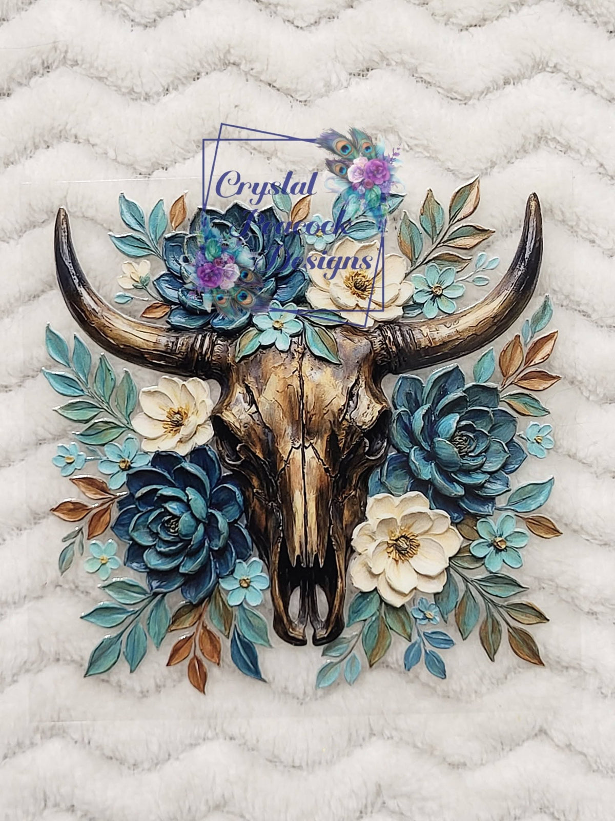 Rustic Floral Bull Skull Decal - bronze gold bull skull with teal navy and cream peonies and roses