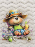 Summer Bear in Straw Hat with Lemonade Decal - happy fluffy bear in lawn chair wearing colorful straw hat green tank top and holding tall glass of lemonade