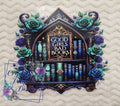 Good Girls Bad Books - dark academia gothic bookshelf with ornate gold frame bold quote mystical teal and navy spell books and lush teal and deep purple roses with swirling vines