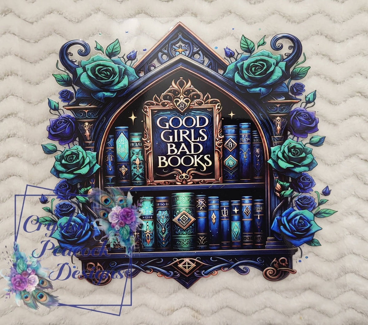 Good Girls Bad Books - dark academia gothic bookshelf with ornate gold frame bold quote mystical teal and navy spell books and lush teal and deep purple roses with swirling vines