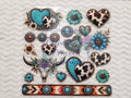 Turquoise Hearts and Cow Print Element Sheet - turquoise crackle cow print hearts teal sunflowers conchos floral bull skull and Aztec band