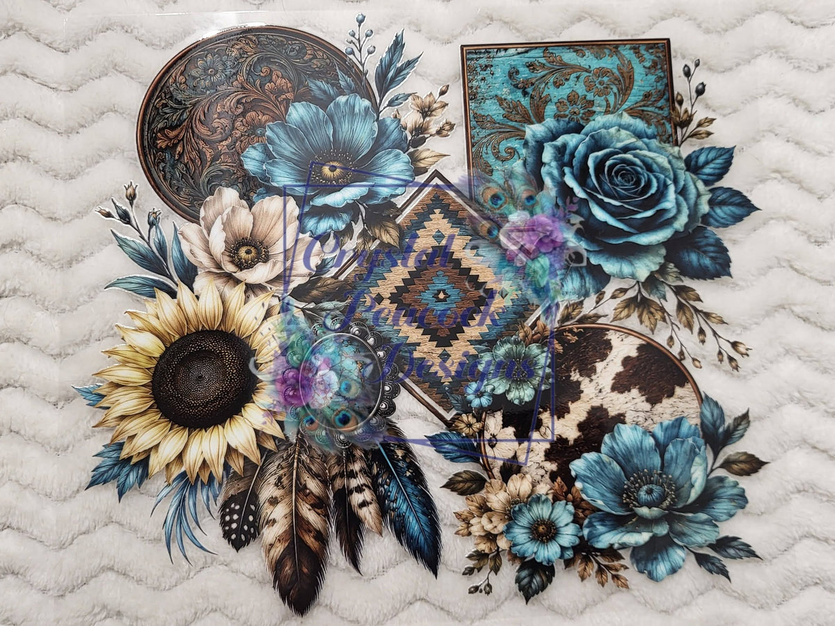 Teal Western Floral Cluster Decal - teal blue florals dreamcatcher sunflower blue roses Aztec diamond and cow print