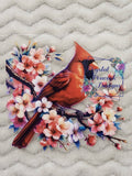 Red Cardinal on Cherry Blossom Branch Decal - richly detailed red cardinal perched on branch with soft pink and white cherry blossoms and blue accent leaves