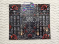 Good Girls Read Bad Books - dark gothic library full wrap with ornate silver arch bold quote shelves of dark books red roses and flickering candles