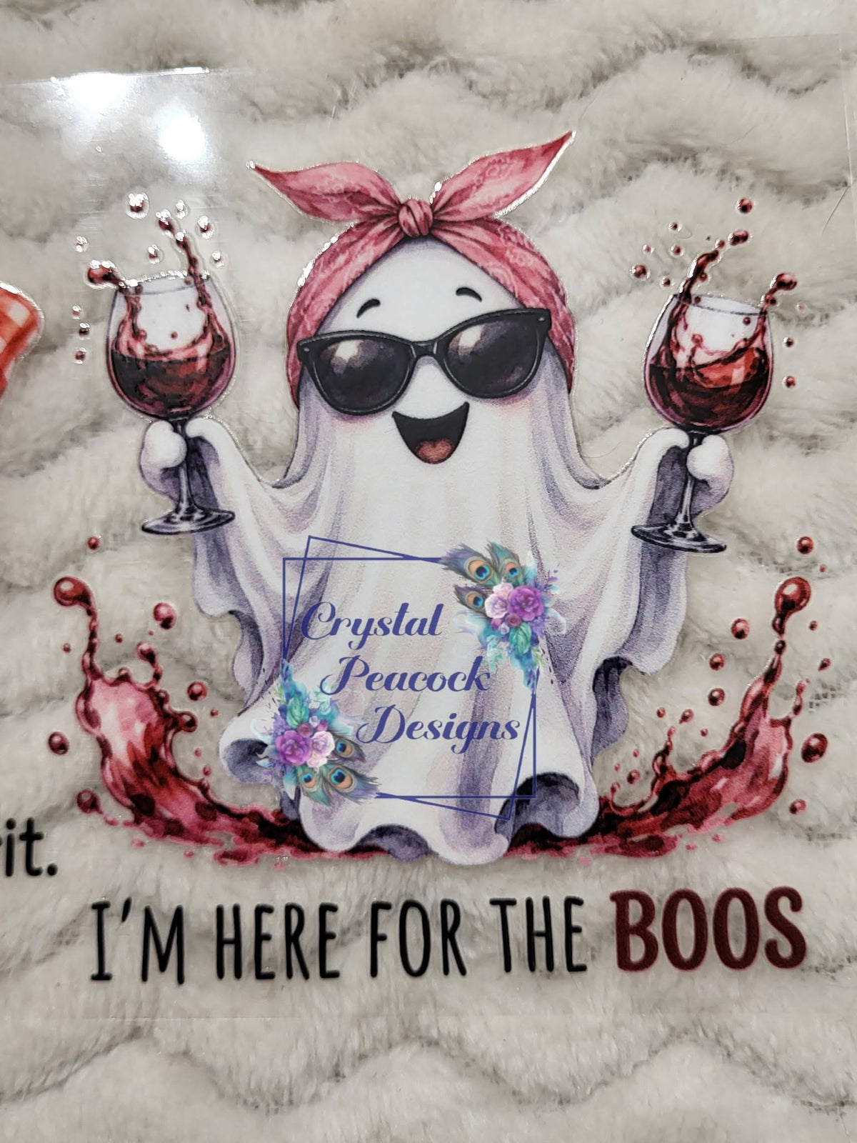 I'm Here for the Boos Ghost Wine - sassy ghost in sunglasses and pink headband holding two glasses of red wine with I'm Here for the Boos text