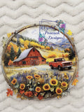 Barn Decal - watercolor autumn barn scene with red truck sunflowers and fall foliage in rustic wood hoop