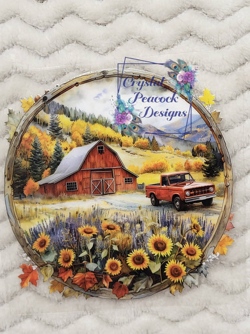 Barn Decal - watercolor autumn barn scene with red truck sunflowers and fall foliage in rustic wood hoop