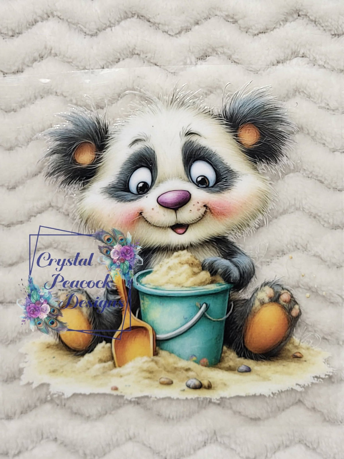 Beach Panda with Sand Bucket and Shovel Decal - delighted fluffy panda with big googly eyes and rosy cheeks digging into teal sand bucket with yellow shovel nearby