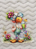 Sassy Duck with Flower Glasses and Green Cocktail Decal - fabulous fluffy duck wearing teal glasses with pink hibiscus flower holding green cocktail with butterfly straw surrounded by wildflowers