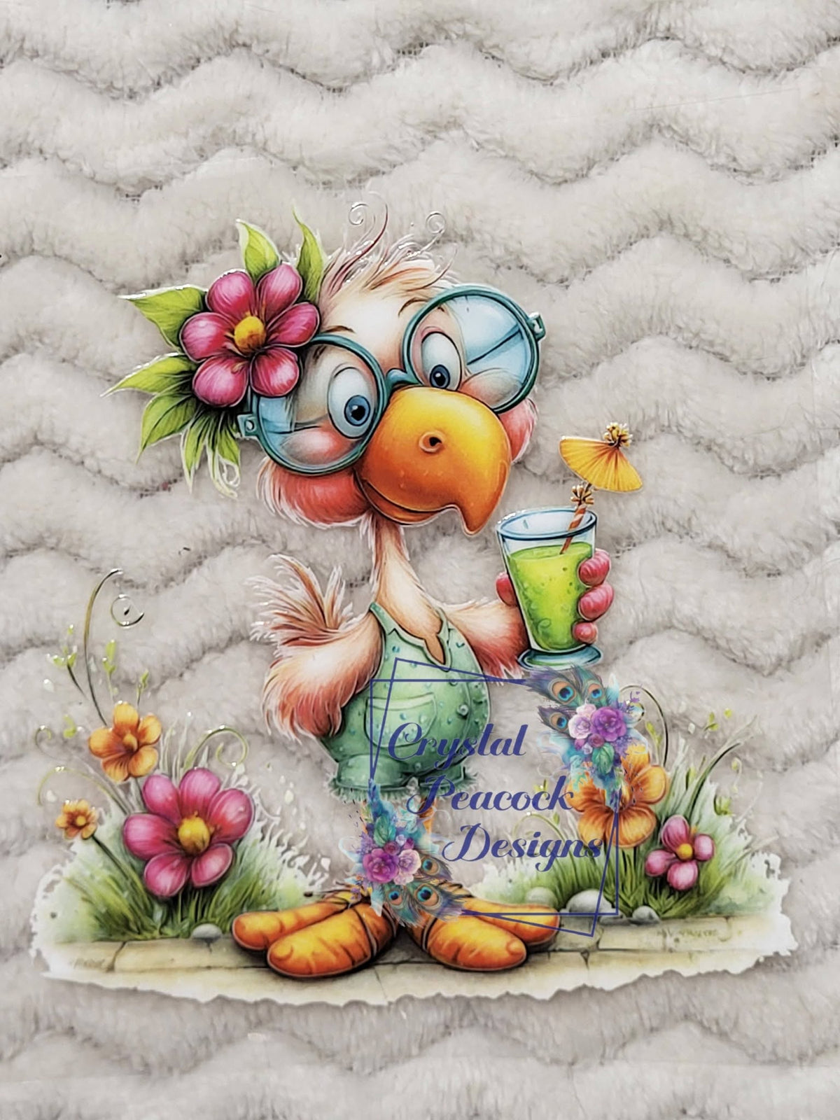 Sassy Duck with Flower Glasses and Green Cocktail Decal - fabulous fluffy duck wearing teal glasses with pink hibiscus flower holding green cocktail with butterfly straw surrounded by wildflowers