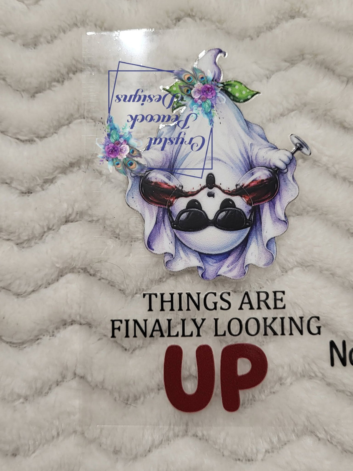 Things Are Finally Looking Up Ghost Wine - tipsy ghost in sunglasses and floral crown balancing two red wine glasses with funny quote