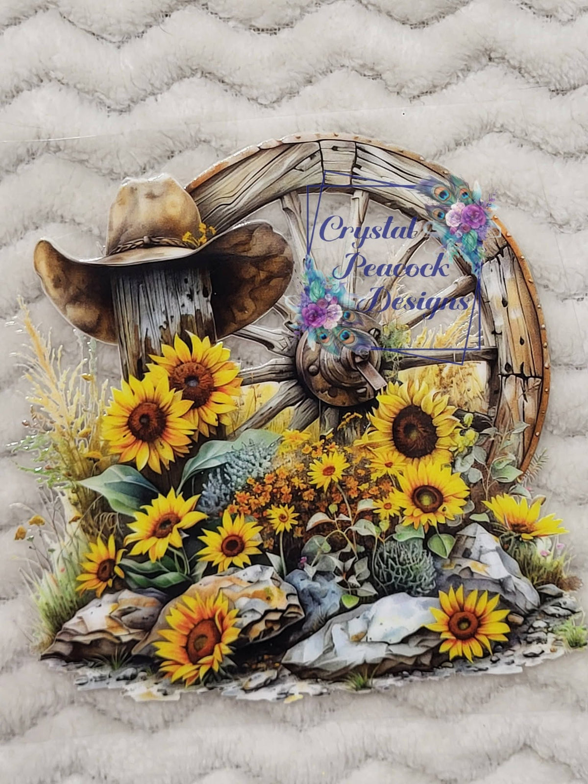 Wagon Wheel Cowboy Hat Sunflower Decal - rustic wagon wheel with cowboy hat and sunflowers