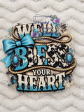 Well Bless Your Heart Decal - teal bow, rope and cow print western design