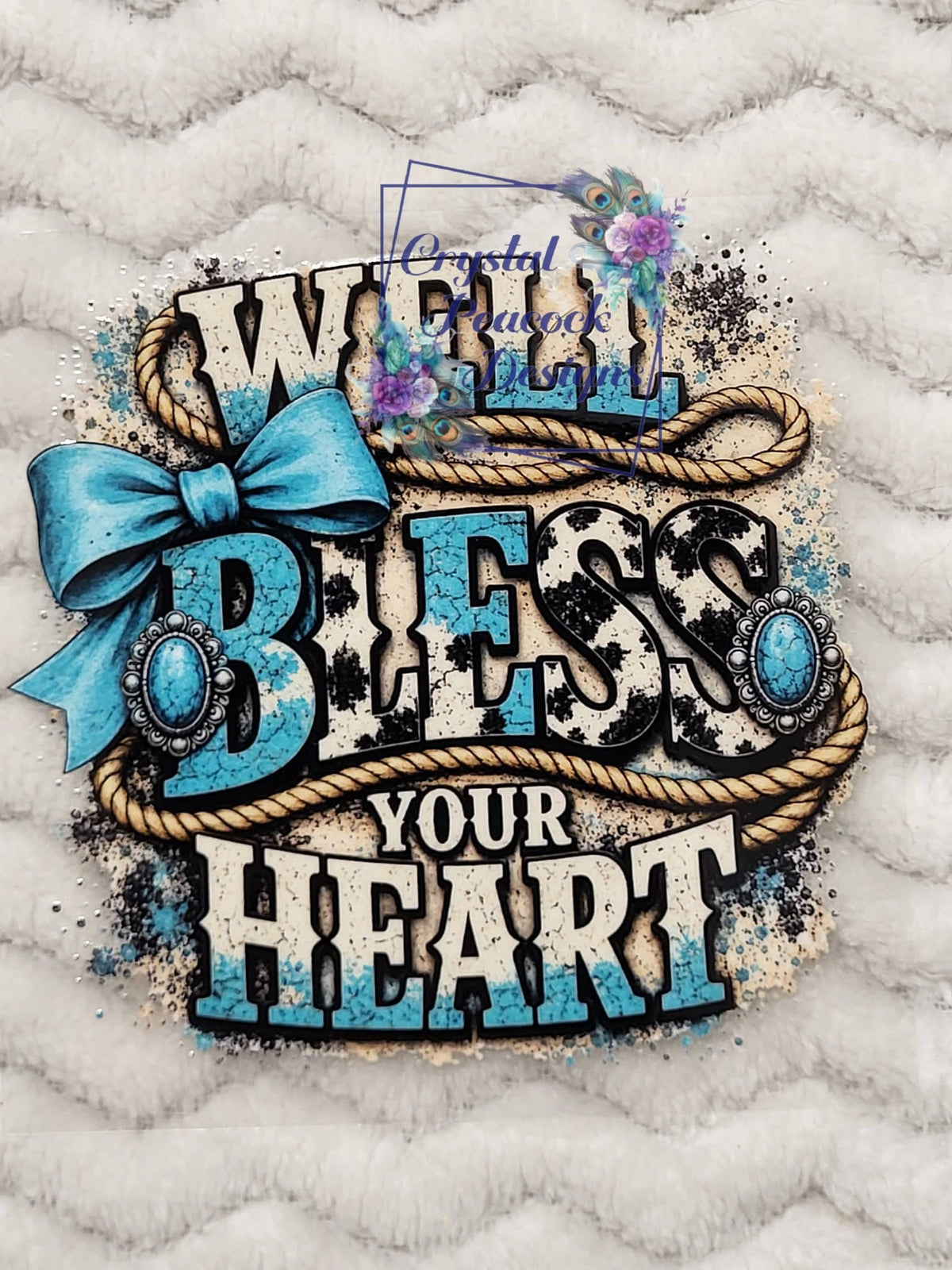 Well Bless Your Heart Decal - teal bow, rope and cow print western design