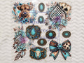 Western Cow Element Sheet - teal highland cow turquoise conchos ace cards cow print bow and bull skull buckle elements