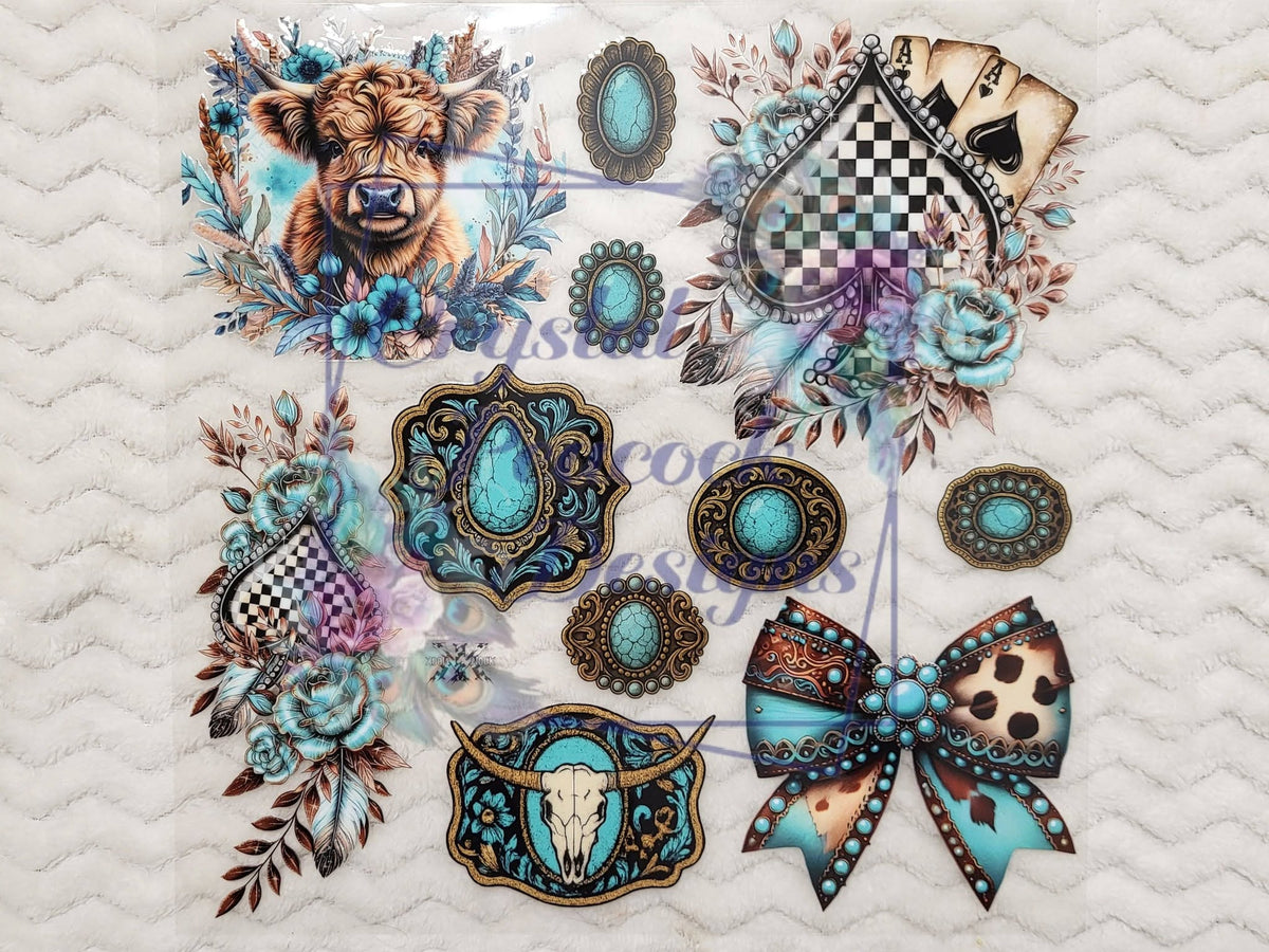 Western Cow Element Sheet - teal highland cow turquoise conchos ace cards cow print bow and bull skull buckle elements