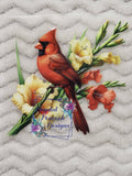 Red Cardinal with Yellow and Red Gladiolus Decal - beautifully detailed red cardinal perched among elegant yellow and red gladiolus blooms with lush green stems
