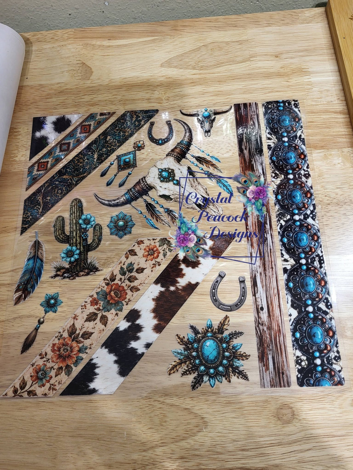 Western Boho Element Sheet - bull skull feathers cactus horseshoes turquoise concho bands cow print and floral strips