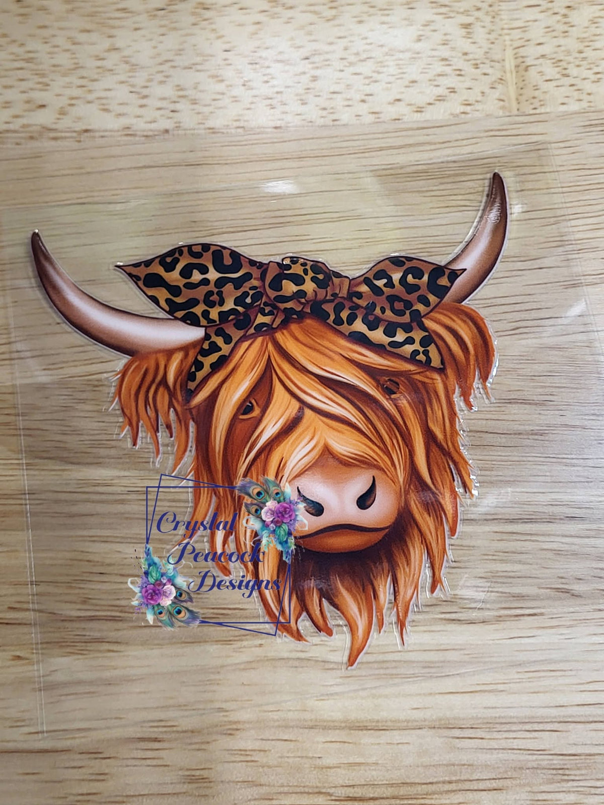 Highland Cow Leopard Bandana Headband Decal - fluffy auburn highland cow with bold leopard print bandana headband