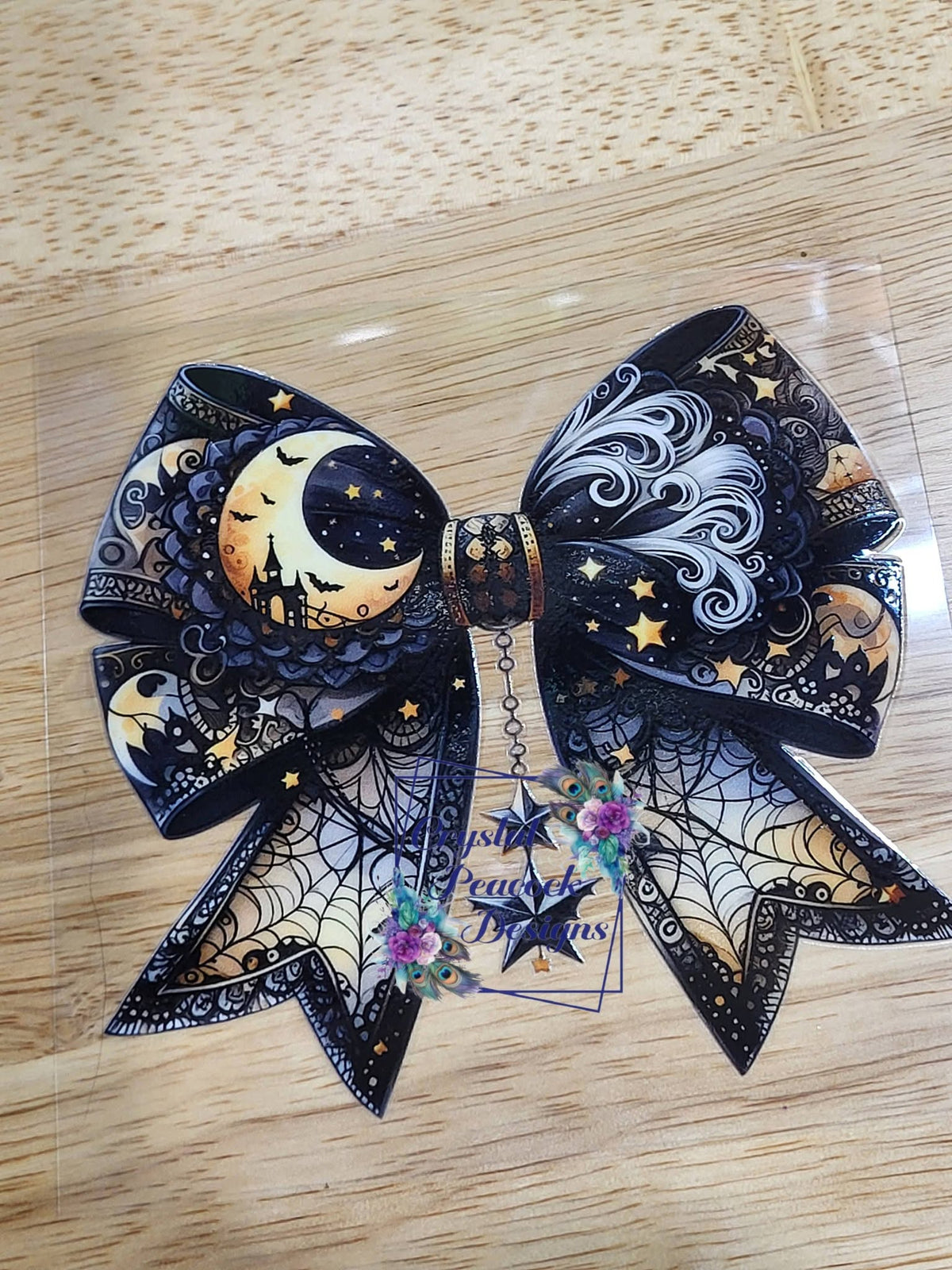 Gothic Halloween Haunted Castle Moon Bow - dramatic black bow with crescent moon haunted castle bats spiderweb lace swirling smoke and gold stars with chain charm accent piece