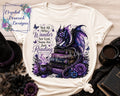 Not All Who Wander Are Lost dragon reader shirt decal with purple dragon books and flowers shown on natural shirt