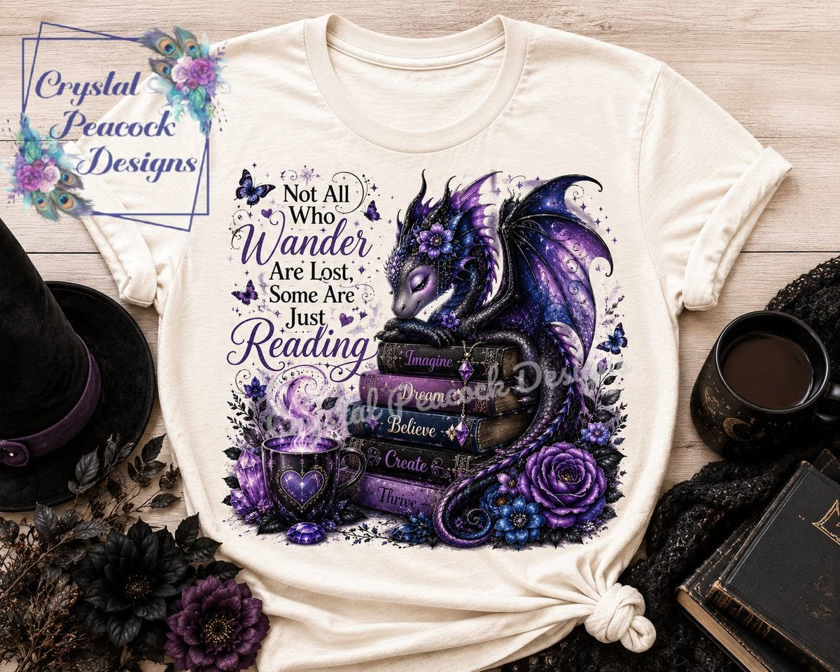 Not All Who Wander Are Lost dragon reader shirt decal with purple dragon books and flowers shown on natural shirt