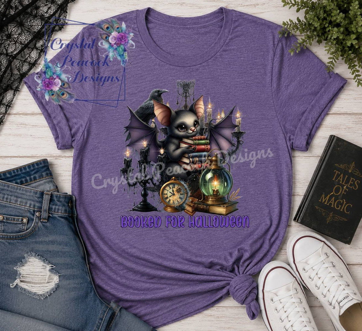 Booked for Halloween baby bat with books and candelabras shirt decal on purple shirt
