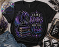 I Like Books More Than People purple dragon shirt decal shown on dark heather shirt