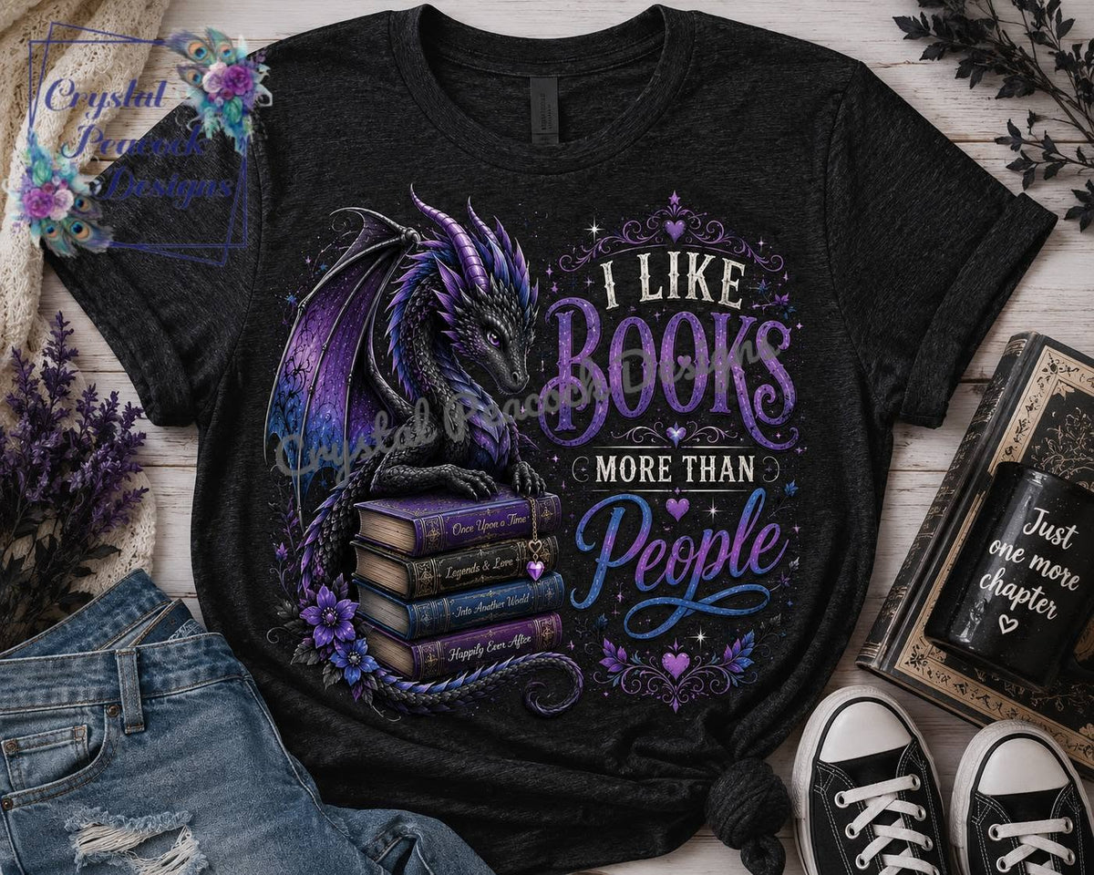 I Like Books More Than People purple dragon shirt decal shown on dark heather shirt