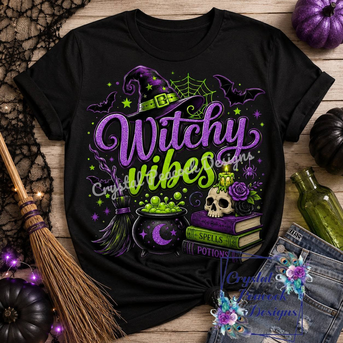 Witchy Vibes Halloween shirt decal with witch hat cauldron and spell books on black shirt