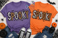 Spooky leopard and checkered Halloween shirt decal on purple and orange shirts