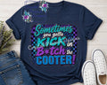 Sometimes You Gotta Kick In the B*tch Cooter shirt decal shown on navy heather shirt with purple checkered and leopard background