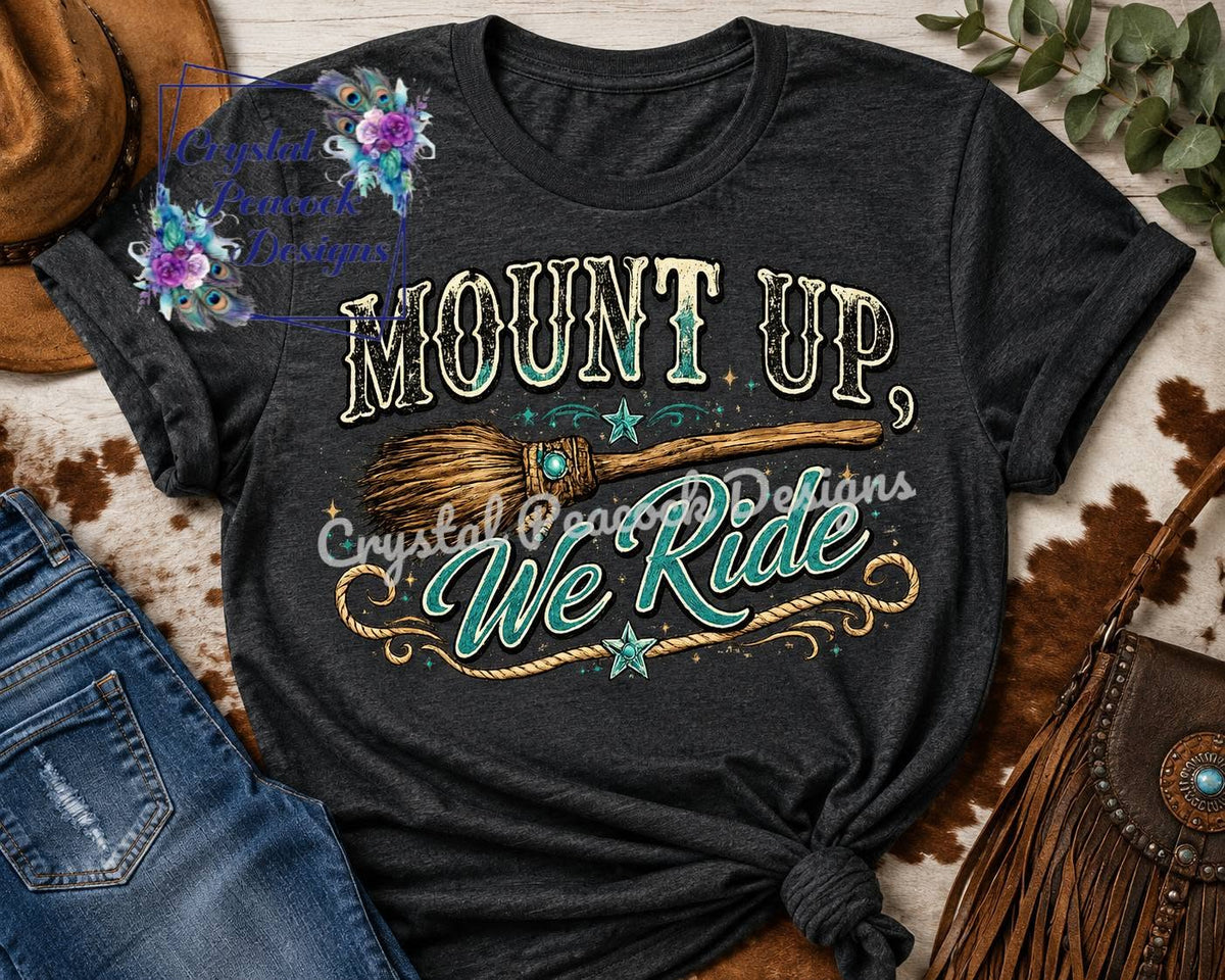 Mount Up We Ride Western single broom Halloween shirt decal on dark heather gray